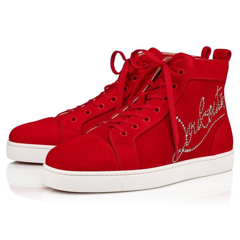 Men's Christian Louboutin Navy Louis Strass Strass High Top Sneakers - Red [6843-975]